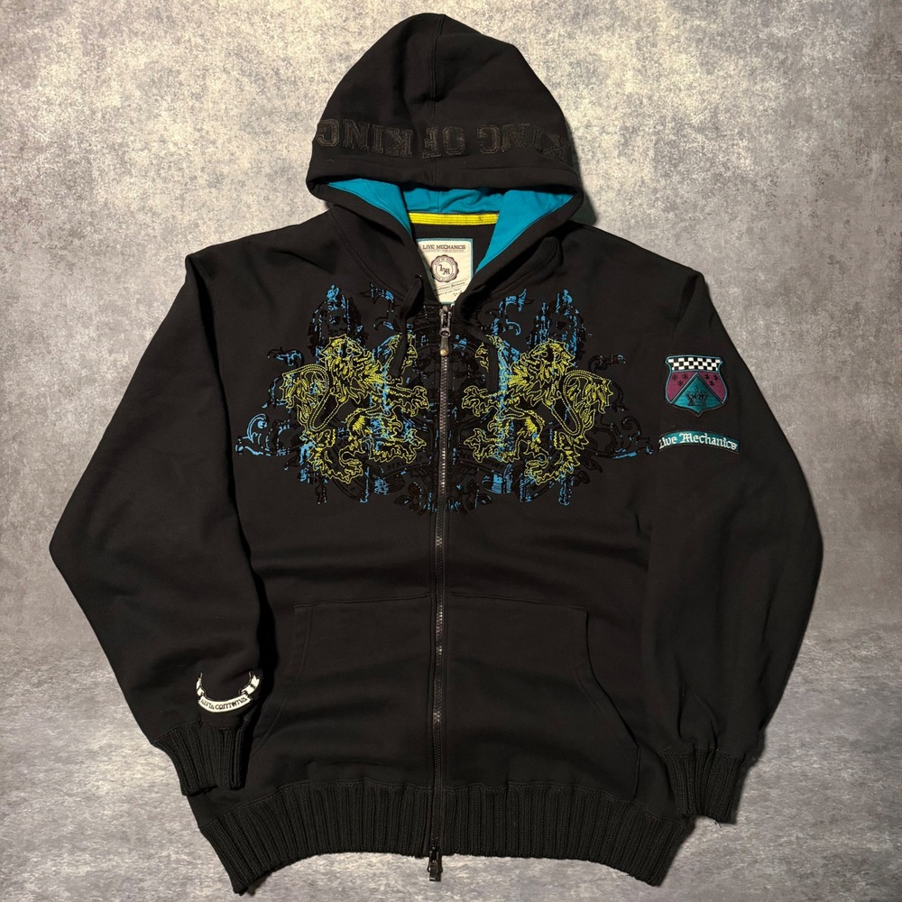 Y2K Live Mechanics Hoodie Mens 3XL Full Zip Black Lion King of Kings Embroidered